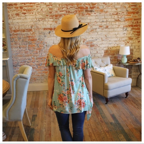 Mint Floral Asymmetrical Off the shoulder tunic - Picture 3 of 3
